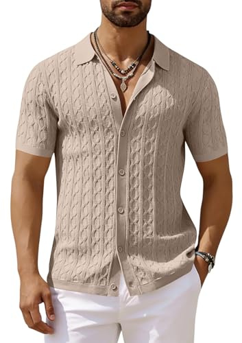 Polo Homme Slim Fit Chemise Manches Courtes Tricotée À Boutons Col Cubain Maille Torsadée Été Haut Décontracté Blouse Kaki L