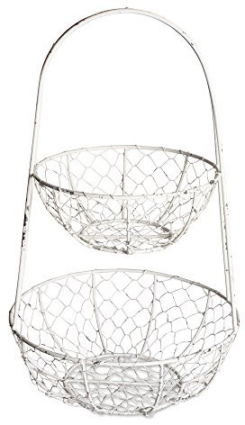 DII Z01364 Panier de rangement vintage en métal à 2 étages pour fruits et légumes Panier sur pied à 2 niveaux. 2-tier Standing Basket blanc antique