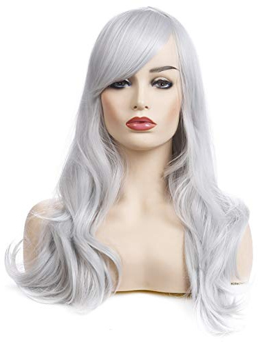 Morvally Perücke, 58 cm, lang, gewellt, hitzebeständig, glattes Haar, mit Pony, für Cosplay, Halloween, Partys