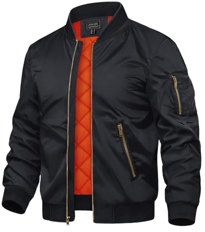 TACVASEN Black Bomber Jacket Men Winter Windbreaker Zip Up Lightweight Softshell Coats Outwear Black, L