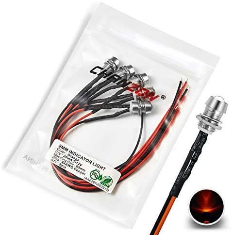 CHANZON [Fil UL] 5 pcs 8mm Montage Sur Panneau + 5mm LED Orange Pilote Diode Lumière (Lentille Ronde Transparente Transparente) 12V Universel Encastré Tableau Bord Indicateur Panneau Douille Lumières