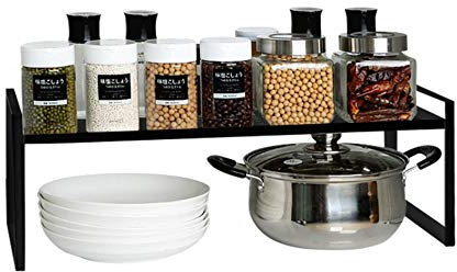 KZOBYD Extendable Kitchen Cupboard Shelf Organiser Adjustable Pantry Storage Unit Practical Cabinet Storage Shelf Stand Spice Rack Multi-Function Space Saver for Counter-Tops (Black, S)