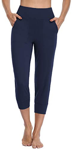 MOVE BEYOND Butterweiche Jogginghose Damen 3/4 Trainingshose Yoga Hose Sommer Capri Sporthose Hoher Bund, Blau, L