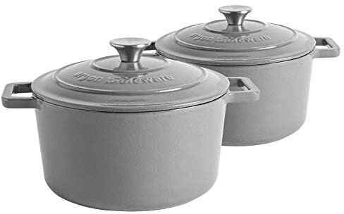 Argon Tableware 4.5L Round Cast Iron Casserole Dishes with Self-Basting Lids - Slate Grey - 2 Pack Induction Hob Cooking 4.75QT Dutch Oven Bread Baking Serving Roasting Stew Stock Pot Cookware Pan