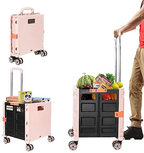 Einkaufstrolley, Klappbar Transport Trolley, Shopping Cart, Trolley mit Deckel, Faltbar Einkaufstrolley Einkaufswagen Faltbox Rosa, bis 50kg, Teleskopgriff Ausziehgriff Aluminium Kunststoff