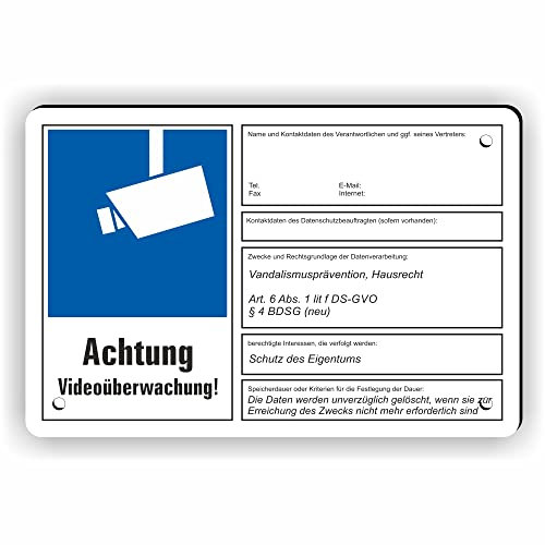 Fassbender-Druck SCHILDER - VIDEOÜBERWACHT DSGVO (BDSG) konform vorgebohrtes Schild zum Markieren eines videoüberwachten Bereiches - Videoüberwachungsschild mit Bohrlöchern - (60x40cm SCHILD)