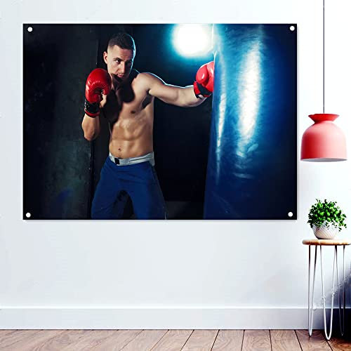 Tapisserie-Banner für Männer mit Boxsack und Flagge, Kickboxen, Muay Thai, Kampfsport-Poster, Fitnessstudio, Wanddekoration, 96 x 144 cm