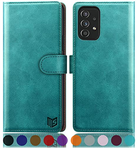 SUANPOT [RFID Schutz für Samsung Galaxy A52/A52S Hülle PU Leder Handyhülle Lederhülle Klapphülle Kartenfach Flip Cover für Samsung A52/A52S 5G Handy hülle Leather Wallet Phone Case Blau Grün