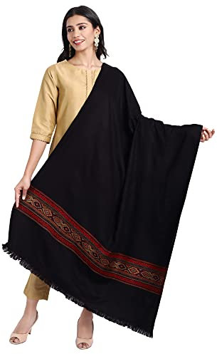 Zamour Kullu Damen-Schal, Himachali, Wolle, groß, 96,5 x 190,5 cm, Schwarz, 80 x 28 inches