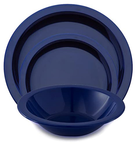 Harfield 3 Piece Tableware Set Dining Plates & Bowl Virtually Unbreakable Reusable Polycarbonate (Royal Blue)