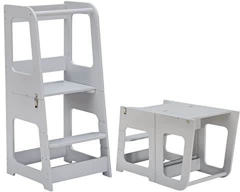 KYWAI® Montessori Lernturm ab 1 Jahr – 2-in-1 Learning Tower & Tisch – Lernturm ab 2 Jahre, klappbar, höhenverstellbar, sicheres & stabiles Design aus Holz für Küche & Bad (grau)