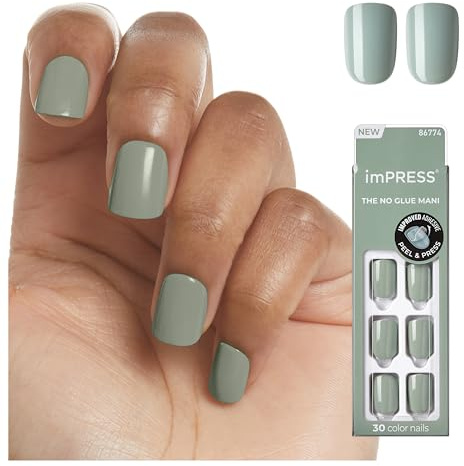 imPRESS Color Press On Nails, ‘Going Green’, Solid Green, Short Squoval, PureFit Technology, Patented Super Hold Adhesive, Chip Proof, Smudge Proof, Mini Nail File, Manicure Stick & 30 Fake Nails