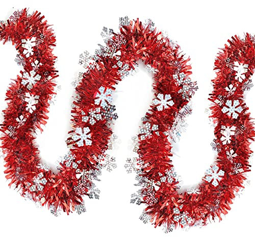 JSRHEEM 3 Stücke Weihnachtsgirlande, 2M Weihnachten Lametta Girlande mit Schneeflocke,Metallic Garland Glitzernde Hängende Dekoration für Weihnachtsbaum Kranz Hochzeit Party Rot