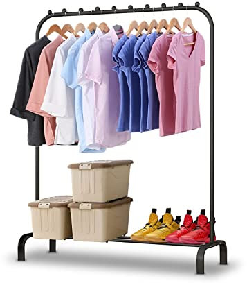 Youyijia Kleiderständer Freistehender Kleiderbügel Trockengestell Metall Schlafzimmer Kleiderstange mit unterem Lagerregal Schuhregal Garderobenständer für Schlafzimmer 146 x 110 x 40cm (Schwarz)