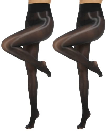 MANZI 2 Paar Ölig Glanzstrumpfhosen Damen Sexy Seidenglatt Feinstrumpfhose 15 Den Transparent Reißfest Schwarz,S-M
