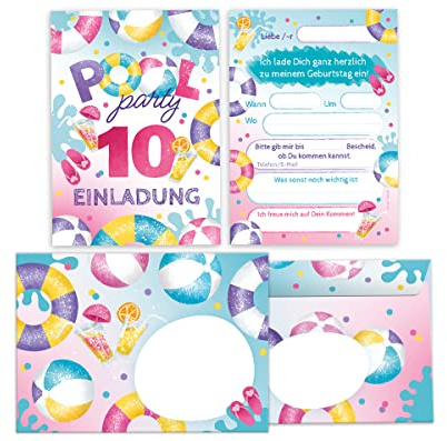 Junapack 12 Einladungskarten incl. 12 Umschläge zum 10. Kindergeburtstag Schwimmbad Einladungen zehnte Geburtstag Mädchen Pool-Party