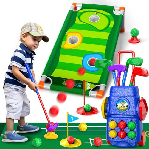Doloowee Set da golf per bambini, 2 in 1, con tavola da golf, 6 palline, giocattolo sportivo per interni ed esterni, regalo di compleanno per ragazzi e ragazze 3 4 5 6 anni