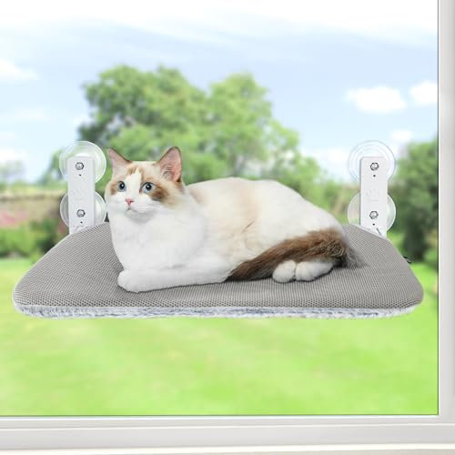 GUUSII HOME Hamac Chat Fenetre Lit Panier Suspendu Perchoir pour Chats et Petits Fenêtre Pliable Etagere Transat Tapis Réversible Robuste avec de Fortes Ventouses Supporte jusqu'à 25kg (Gris, L)