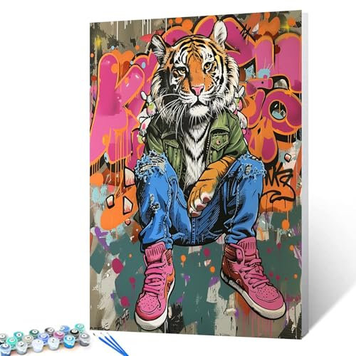 Tucocoo Graffiti Pop Art Peinture par numéro pour adultes, Tigre DIY Kit de peinture à l'huile sur toile avec pinceaux et pigment acrylique, image d'animal de style punkish rebelle pour décoration