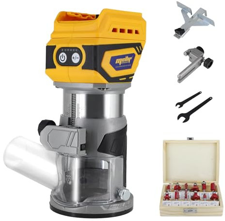 Cordless Compact Router, Mellif Brushless Palm Trimmer Route Compatible with Dewalt 18V Battery(NO Battery) 28,000RPM 600W w/Fixed Base, 12PCS 1/4 Router Bits, 5 Speeds, Roller Guide, Dust Hood