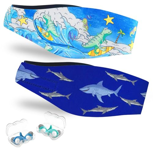 Swimming Headband for Kids - 2 Pairs Waterproof Ear Plugs & Adjustable Swim Ear Band,Keep Water Out and Hold Earplugs in - Water Headband for Surfing, Diving, Pool, Showering, and Beach