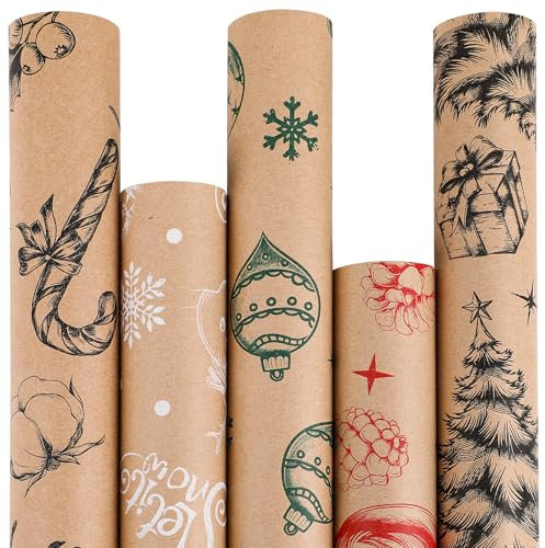 JOFONY Weihnachts Geschenkpapier,5 Rollen je 300 x 43.2cm aus Weihnachtspapier und Geburtstagspapier,Nature Kraftpapier Weihnachtsgeschenkpapier für Weihnachten Geburtstags Hochzeit Abschlussfeiern
