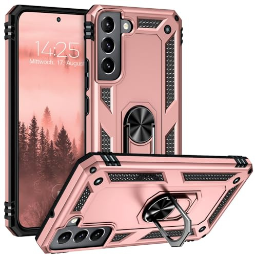 LBH Outdoor Hülle für Samsung Galaxy S22 Armor Militär Stoßfest Handyhülle 360 Grad Metal Ring Halter Ständer Schutzhülle für Handyhalterung Auto Magnet Rosegold