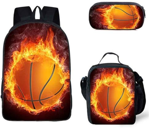 Treer Schulrucksack Set 3tlg. Schulrucksack Teenager mit Lunchpaket Tasche und Federmäppchen, 3D Schwarz Basketball Mädchen & Jungen Schulrucksack Schulranzen Rucksack Schule (Feuer)