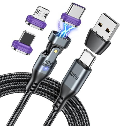 AUFU Cable de Carga Magnético 60W 2M, Cable Magnético Plano 16PIN USB C 3 en 1 con Carga Rápida 20V/3A y Transferencia de Datos, Compatible con Tipo C/Micro para Galaxy S23/Tableta