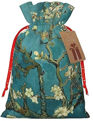 BKDODKS Weihnachtsgeschenktüten mit Mandelblüten-Druck, festliche Geschenksäcke, Geschenkanhänger, Süßigkeitenverpackung, Weihnachtsfeier