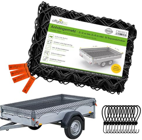 Offgridtec Anhänger-Ladungssicherungsnetz 2x3m auf 3x4m, Dehnbar & Feinmaschig, Inkl. 12 Spannhaken, Eckmarkierungen, Verstärktes Gummiseil, Ladungssicherung für Anhänger, Baumaterialien