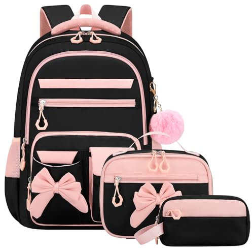 Amythe Sac à Dos Fille Primaire 3 Pièce, Ensemble Cartable Enfant Scolaire avec Sacs à Déjeuner et Trousse Crayon, Sac Ecole pour Fille 8 à 15 ans, Noir