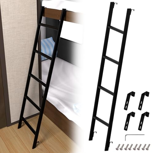Schwarz Hochbett Leiter, 140 cm, 4 Haken, Einteiliger Stahlkonstruktion | Stabil, 150 kg Tragkraft, Glatt und Gratfrei, Rutschfeste Fußkappen, Montagematerial und Werkzeug Inklusive