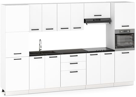 Küchenmöbelset 320cm,Einbau mit Ober- und Unterschränken, Hauswirtschafts- und Backofenbau, Modularküche zum Selbstmontagen ohne Haushaltsgeräte,Stil Modern Weiß Matt