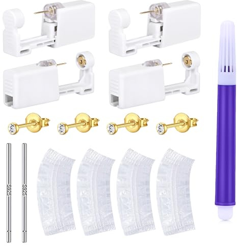 LAURITAMI 4 Stück Ohrstecker Selber Stechen Gold Set, Steril Sicherheits Ohrlochpistole mit 2mm CZ Ohrstecker, Schmerzfreies Selbst Piercing Werkzeug für Mädchen Frauen Männer
