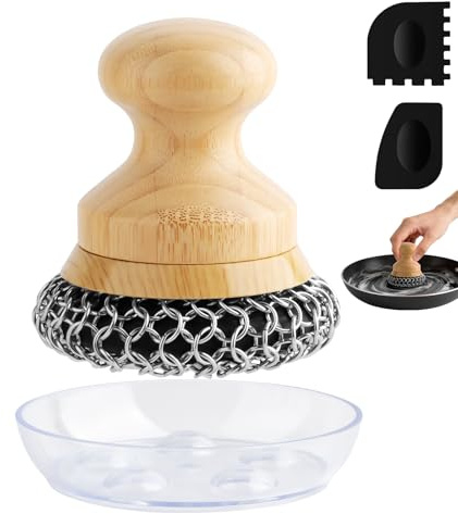 Beeptrum Cast Iron Scrubber and Scraper,Chain Mail Cleaner with Bamboo Handle & Draining Tray,316 Stainless Steel Brush for Cleaning Pots,Pans,Wok,Bakeware,Griddles, Grills,Dishes (Large Chain Mail)