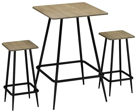 URBNLIVING 3-Piece Square Breakfast Bar Table & 2 Stools Set – Wood & Metal, Compact Dining for Small Spaces - Oak