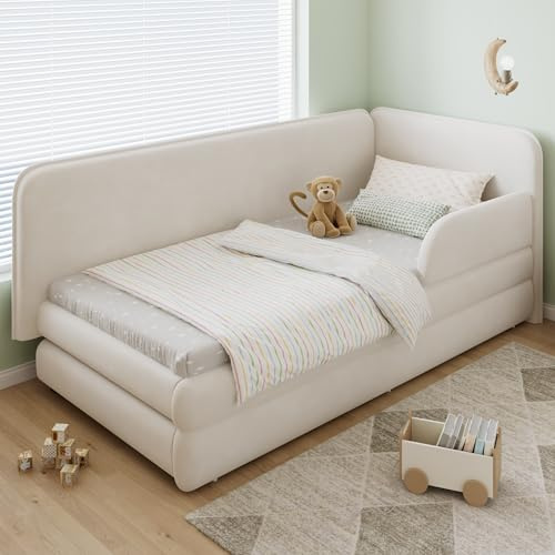 Merax Single bed frame, 3ft Upholstered Kids Single Daybed with storage drawer, Secure Side Rails, Slatted Frame, for Adults Children, Velvet Beige/90x190cm(No Mattress)
