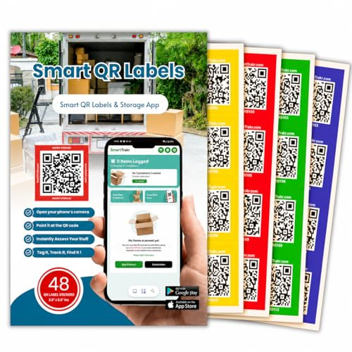 Smart QR Code Labels – 48 Pack | Waterproof, Tearproof Storage Stickers for Home, Garage, Office & Moving Boxes | Works with SmartTrakr App | iOS & Android | No Subscription Required