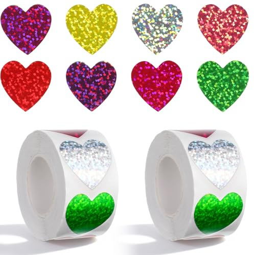 Glitzer Herz Sticker Rolle, 1000 Stück Bunte Sticker Herzen, 8 Farben 25mm Selbstklebend Aufkleber Herz Belohnungssticker Shining Aufkleber Liebe für Party Jubiläum Karte Geburtstagsfeier Hochzeit
