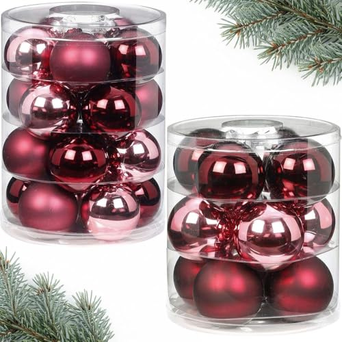Weihnachtskugeln großes Set aus Glas | 12 große 8cm-Kugeln & 20 Klassische 6cm-Kugeln für den Weihnachtsbaum | Christbaumkugeln für Weihnachten (Berry Kiss weinrot)