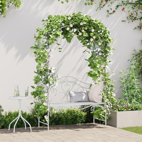 IBUQDDV Gartenbank Weiß Metall 121 x 48 x 200 cm mit Dekorativen Intarsien für Balkon und Terrasse, Stabile UV-Beständige Konstruktion, Bequeme Sitzgelegenheit