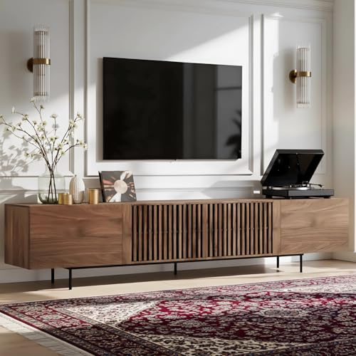 TFFCIC Walnut Long TV Unit Stand for Living Room 55-85 Inch TVs, 180cm | 6 Spacious Storage, Soft-Close Doors, Floor Standing, Supports up to 150 lbs, Cable Management, Mid-Century Modern