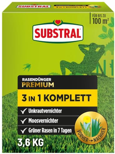 Substral Premium 3in1 Rasendünger 3,6kg gegen Unkraut + Moos im Rasen | Gegen Unkraut und Moos | Lücken werden rasch geschlossen | Einfache Ausbringung