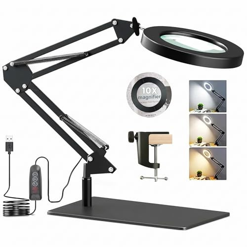 10X Lupe mit Licht, 2-in-1 LED Lupenlampe mit Tischfuß & Klemme, 3 Farbmodi, 10 instellbare Helligkeiten, Lupenleuchte mit Licht und Ständer für Handwerk Hobby Malerei Schließen Arbeit