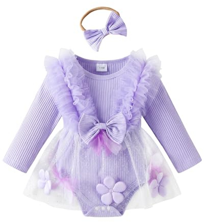 WYTbaby Vestito da bambina a maniche lunghe, per neonati, con volant, in tulle, da principessa, tutù, gonna per bambini da 0 a 12 mesi, fiori lilla, 9-12 Mesi