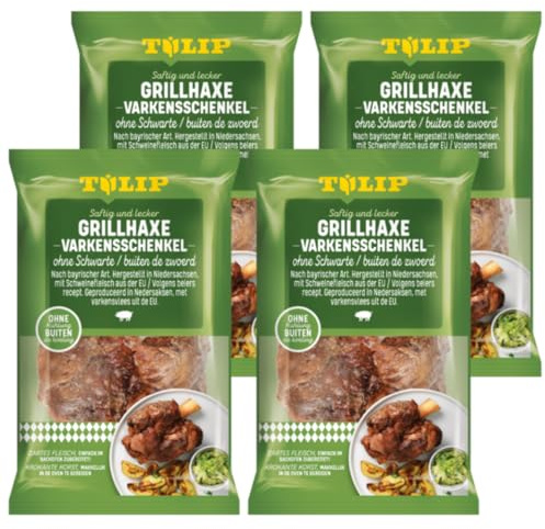 Tulip 4x 500g Schweinehaxe ohne Schwarte - Grillhaxe vorgegart tafelfertig | 4er Packung, glutenfrei, ungekühlt haltbar, im Ofen oder Grill in 35 Min zubereitet, saftiges Schweinefleisch aus der EU