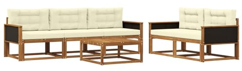 vidaXL Outdoor-Sofagarnitur mit Kissen 6 pcs Natur und Creme, Hochmodernes Gartenmöbel Set, Sofakollektion für draußen, Lounge für Garten, Poolbereich Sitzgruppe