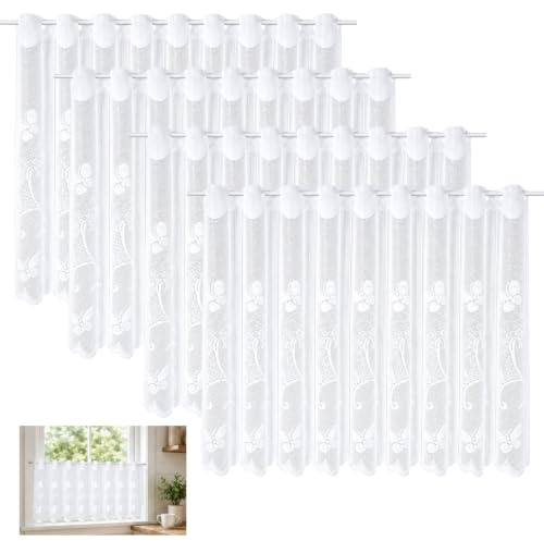 KihhonTech 4er Set Scheibengardinen Bistrogardine Weiß Halbtransparent Bestickt 145x46 cm – Kurze Scheibengardine Modern für Küche & Wohnzimmer, Kurzstore Gardinen