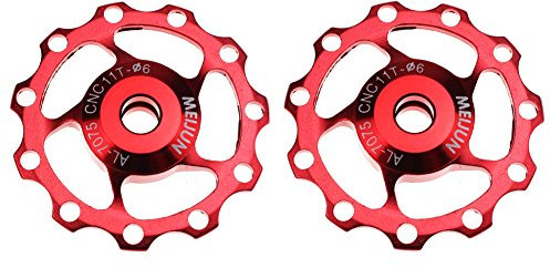 FOMTOR Puleggia di tensione, deragliatore posteriore in alluminio per cambi (argento), ruota folle a 11 denti, rosso, confezione da due